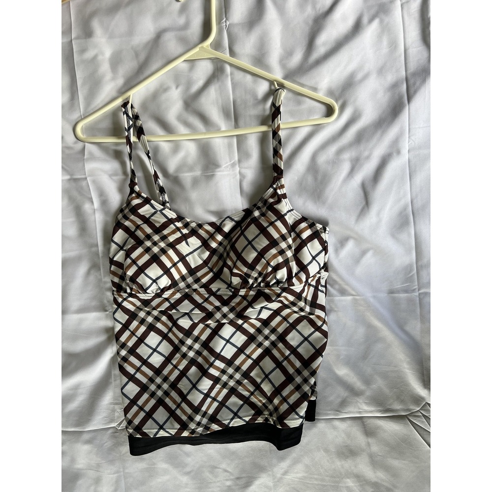 Tropical Honey Tankini Swim Top Womens 12 Brown White Black Plaid Padded Cups - Picture 3 of 9